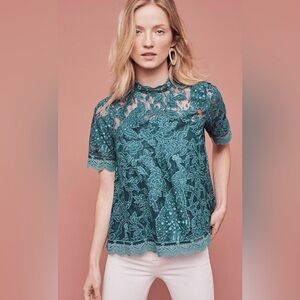 NWT ANTHROPOLOGIE HD in Paris Lace Meadows Blouse Peacock Turquoise Teal Size 0
